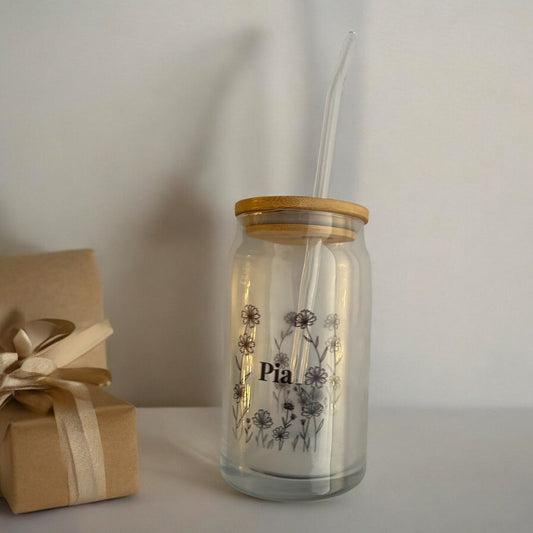 Floral Glass Cup - with straw and lid